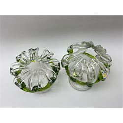 Two 19th century glass flower vases, the clear glass fluted bodies with green glass rim leading to a crown top, largest example H14.5cm. 