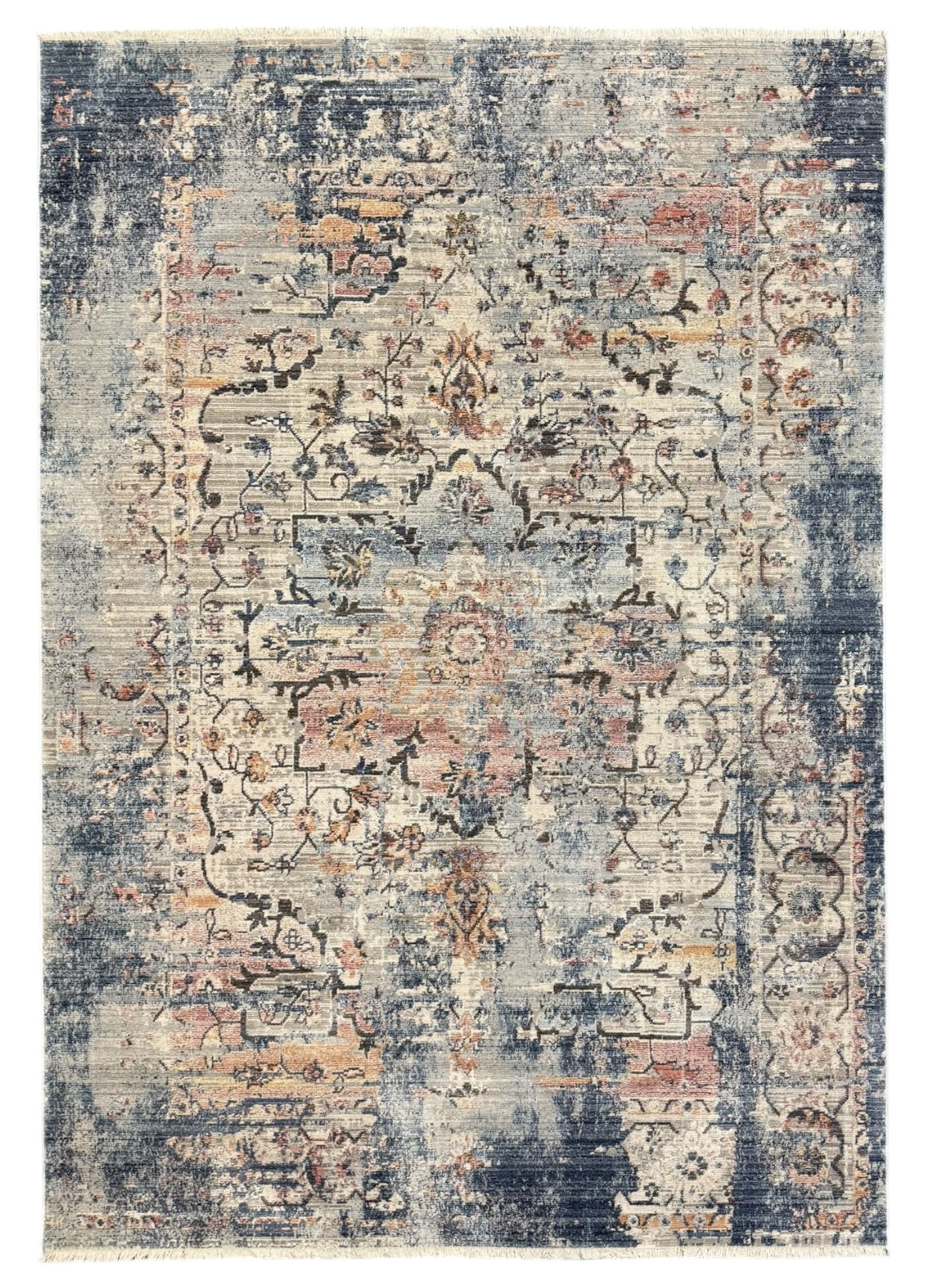 Contemporary Dunelm Soraya Persian design rug, blue and beige ground with faded floral and vine motifs, central medallion and trailing foliate patterns, bordered by a distressed design with stylised floral motifs