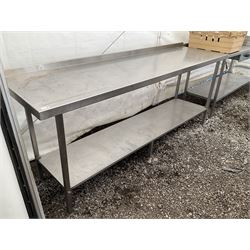 Large stainless steel two tier preparation table, raised back - THIS LOT IS TO BE COLLECTED BY APPOINTMENT FROM DUGGLEBY STORAGE, GREAT HILL, EASTFIELD, SCARBOROUGH, YO11 3TX
