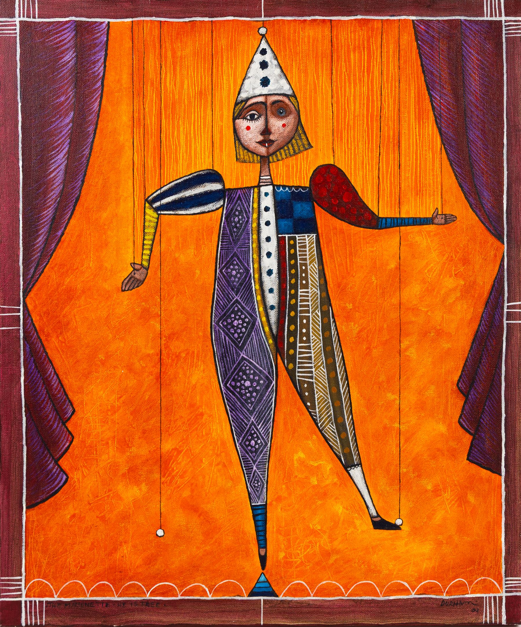 Terry Durham (British 1936-2013): 'The Marionette - He Is Free', acrylic on canvas signed titled and dated '02, Man with Pipe and Two Dogs, watercolour on canvas laid onto board signed, and 'Tinker - Tailor', collection of eight prints unsigned max 60cm x 50cm (11) (mostly unframed)