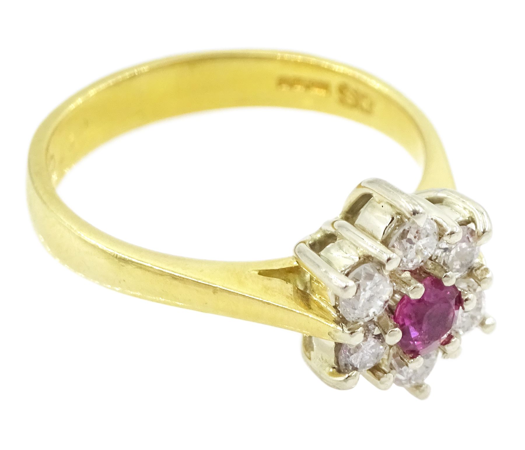 18ct gold round cut ruby and round brilliant cut diamond cluster ring, Birmingham import mark 1989, total diamond weight approx 0.30 carat