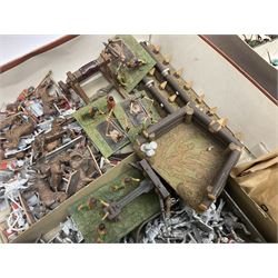 Painted metal wargame figures - over four hundred including Normans and Saxons, Romans, British Tribes etc; together with a quantity of part-painted and unpainted figures, battlefield weapons and accessories etc; average size 25mm