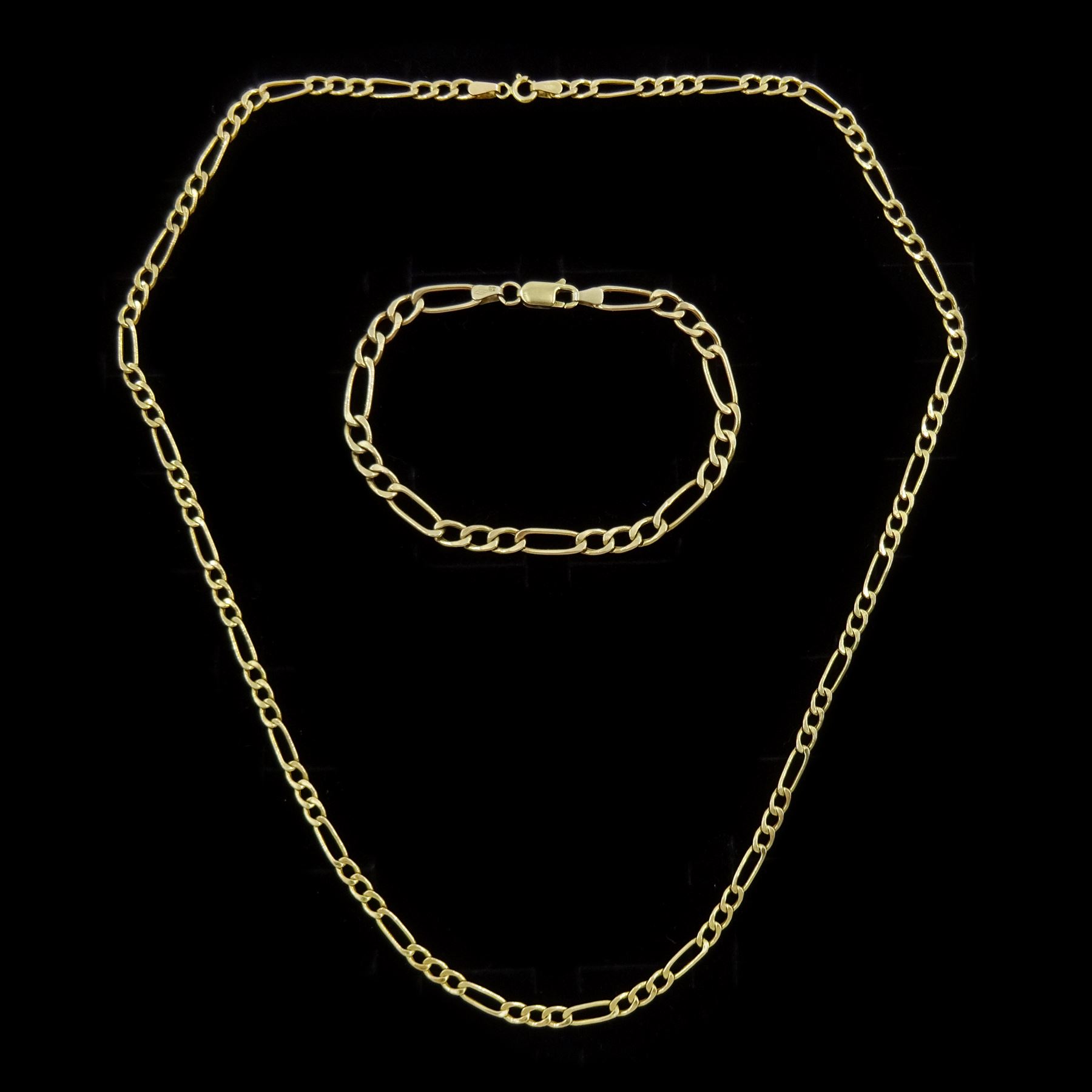 Gold Figaro link chain necklace and matching bracelet, both hallmarked 9ct