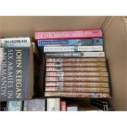 Large collection of hardback and paperback books, mainly military books, to include Band of Brothers, Dawn of D-Day, Dessert Warrior, Book of the Somme, Battle of Britain, etc in four boxes  
