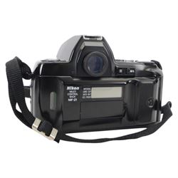 Nikon F-801 camera body serial no. 2010504, together with Nikon accessories, including wireless transmitter WT-1, focusing screen and speedlight
