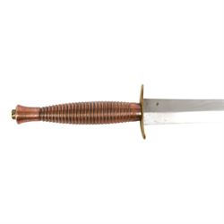 British Commando knife, with 17.5cm double edged blade, with leather scabbard, overall L31cm