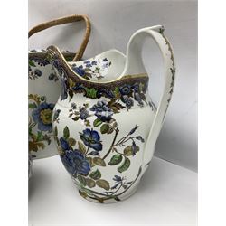 Copeland Spode toilet set in blue flower pattern, comprising wash jug, slop bucket, two soap dishes, toothbrush holder and chamber pot, slop bucket H28cm