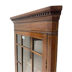 Edwardian mahogany wall hanging corner display cabinet, projecting dentil cornice over astragal glazed door (W56cm, H93cm), and an Edwardian mahogany nest of three tables (46cm x 36cm, H60cm)