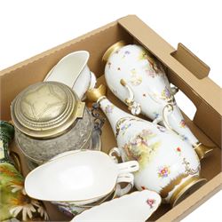 Pair of Sevres style vases with printed Classical scenes; pair of early 20th century floral painted vases, crystal biscuit barrel, sauceboats etc