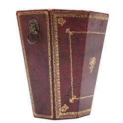 Regency style burgundy leather waste paper bucket of tapering octagonal form with gilt-tooled borders, sides fitted with lion mask ring handles, interior lined with marbled paper, circa 1900