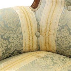 Edwardian mahogany three-piece salon suite, comprising settee and two armchairs, shaped frames with upholstered backs, scrolled arm supports and serpentine seat rails, upholstered in striped floral damask fabric, on cabriole supports with castors (Armchairs: H 96cm, W 70cm, D 68cm)