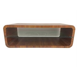 Contemporary walnut coffee table, curved rectangular form, fitted with central glass shelf