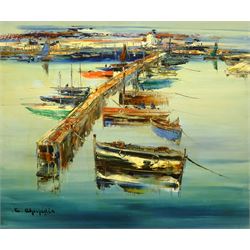 Oriental School (20th century): City Harbour, oil on canvas indistinctly signed, together with four smaller similar oils on board and a portrait of a gentleman, max 45cm x 54cm (6)