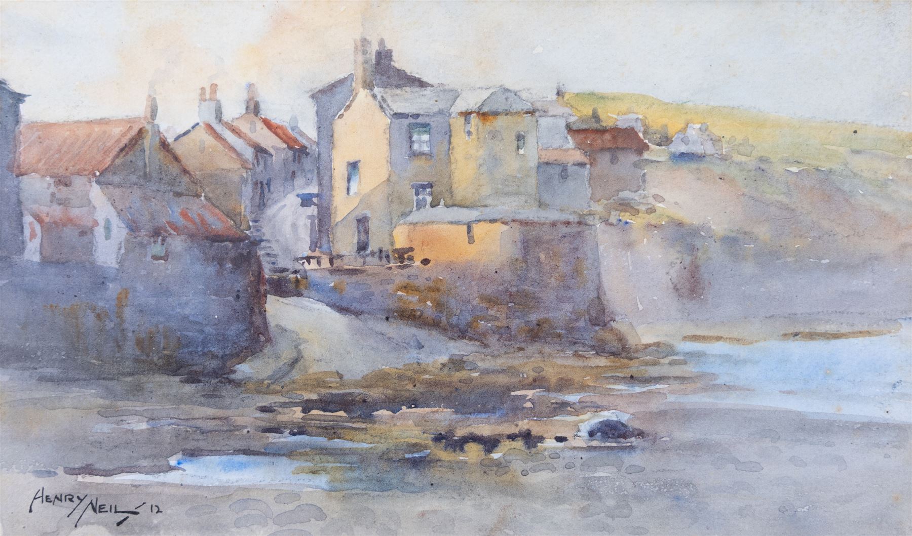 Henry Neil (British Early 20th Century): Robin Hood's Bay, watercolour signed and dated '12, 13cm x 22cm 
Notes: stylistically this picture is very similar to the work of RHB artist James Ulric Walmsley (1860-1954), and its date means that the two may well have met or painted together.