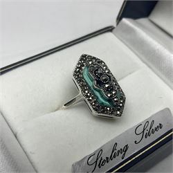 Silver turquoise and marcasite cluster ring, stamped 925, boxed 