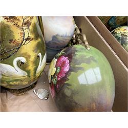 Continental hand painted vase, together with eight large Victorian vases, including some St Louis Artware examples and a pair painted with swans, tallest H50cm