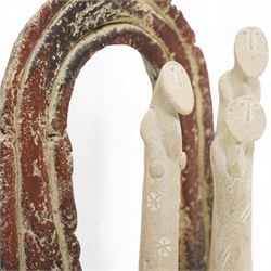 John Maltby (British 1936-2020): 'Three Figures and Archway', figural stoneware sculpture, signed titled and dated 2005 to base, impressed mark to front of base, W19cm H22cm