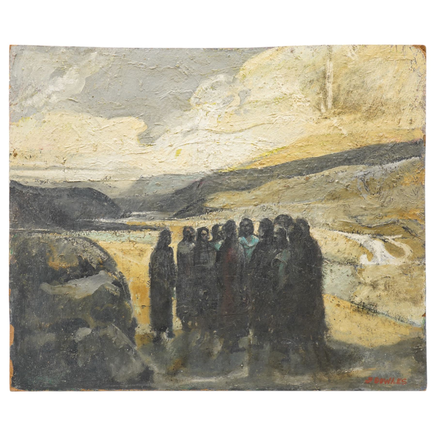 John Gilbey Bowles (British 1929-2011): A Cloaked Gathering, oil on board signed 58cm x 70cm
Notes: exhibited at Williamson Art Gallery, Birkenhead