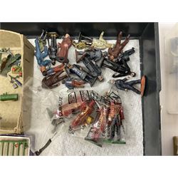 Large quantity of playworn 1950s Britains and other lead figures including farm and zoo animals, horse drawn carts, fencing etc