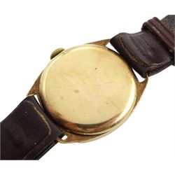 Rone Sportsmans 9ct gold manual wind wristwatch, Birmingham 1951, on brown leather strap