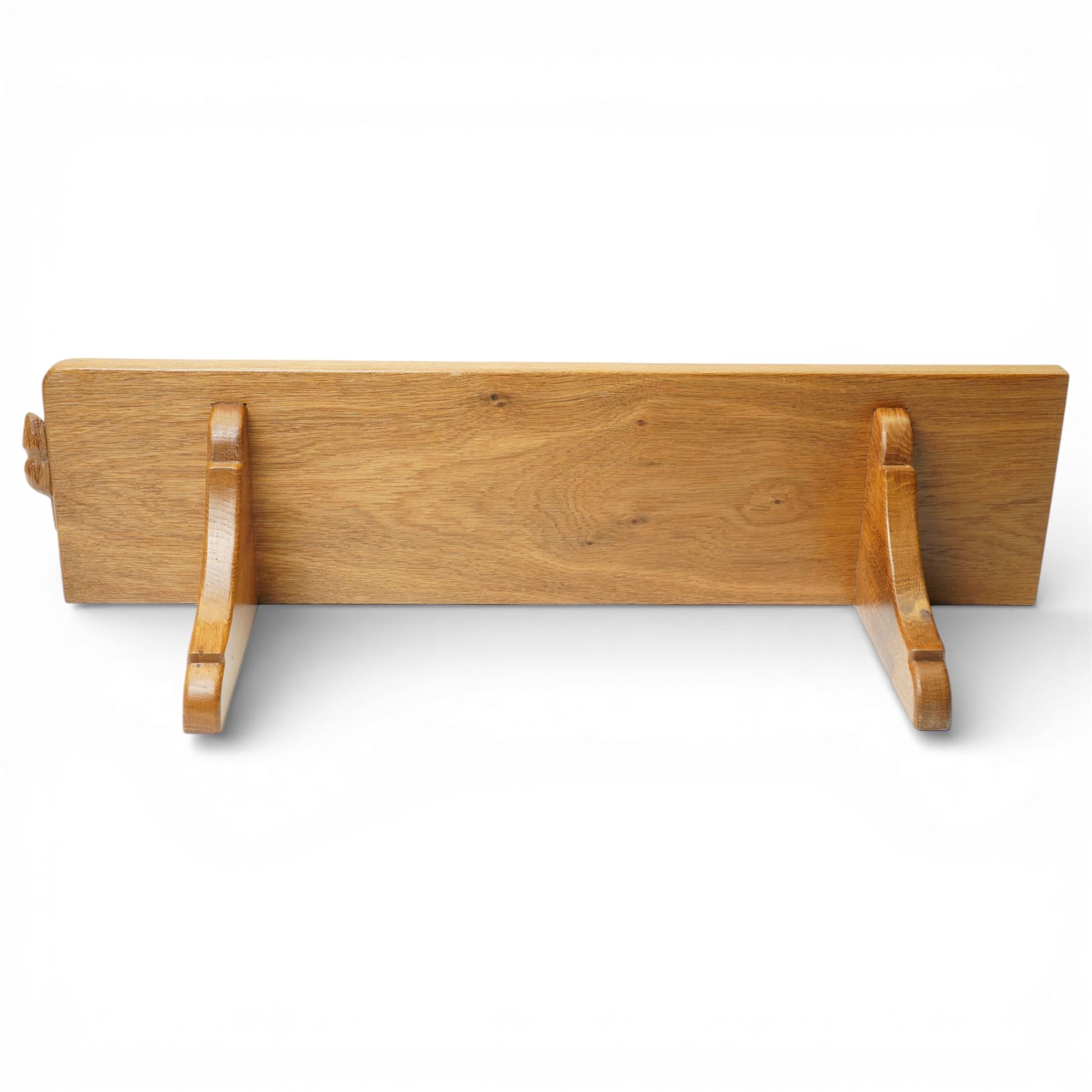 Beaverman - wall shelf single plank, with metal hangers, with carved beaver signature, by Colin Almack of Sutton near Thirsk