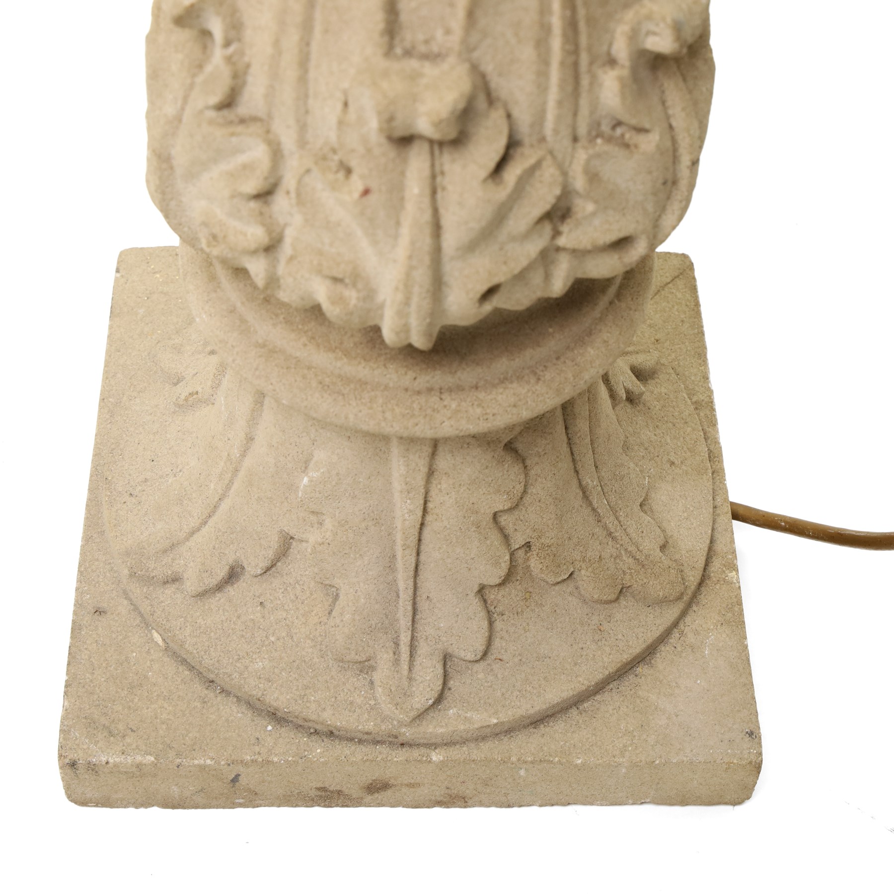 Carved stone finial lamp, including fittings, H46cm 