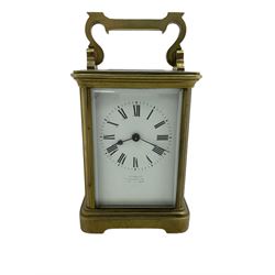 French - late 19th century 8-day carriage clock, in an Anglaise case with a rectangular glass panel to the top, enamel dial with Roman numerals, minute track and spade hands, rack striking movement, striking the hours and half hours on a coiled gong, with a lever platform escapement.  