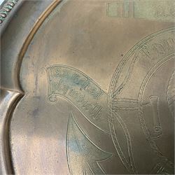 HMS Foudroyant copper tray, with label to reverse, together with a Georgian coin purse, plate D30cm