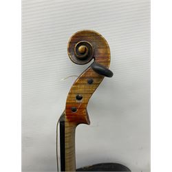 Late 19th century French three-quarter size 'Conservatory' violin with 34cm two-piece maple back and ribs and spruce top, the peg box inscribed 'Conservatory Violin Straduari', bears label 'Antonius Stradiuarius Cremonensis Faciebat Anno 1721' L55.5cm overall; in ebonised wooden 'coffin' case