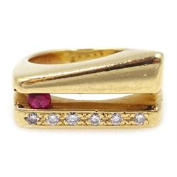  14ct gold (tested) six stone channel set diamond and floating ruby ring  