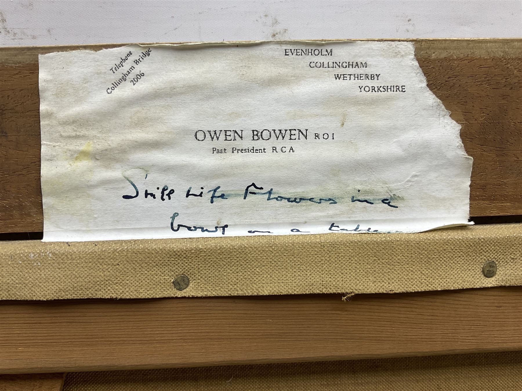 Owen Bowen (Staithes Group 1873-1967): 'Still Life - Flowers in a Bowl on a Table', oil on canvas signed, titled on artist's studio label verso 49cm x 59cm 
Provenance: private collection; acquired from the artist's daughter Betty McDougal (neé Bowen)