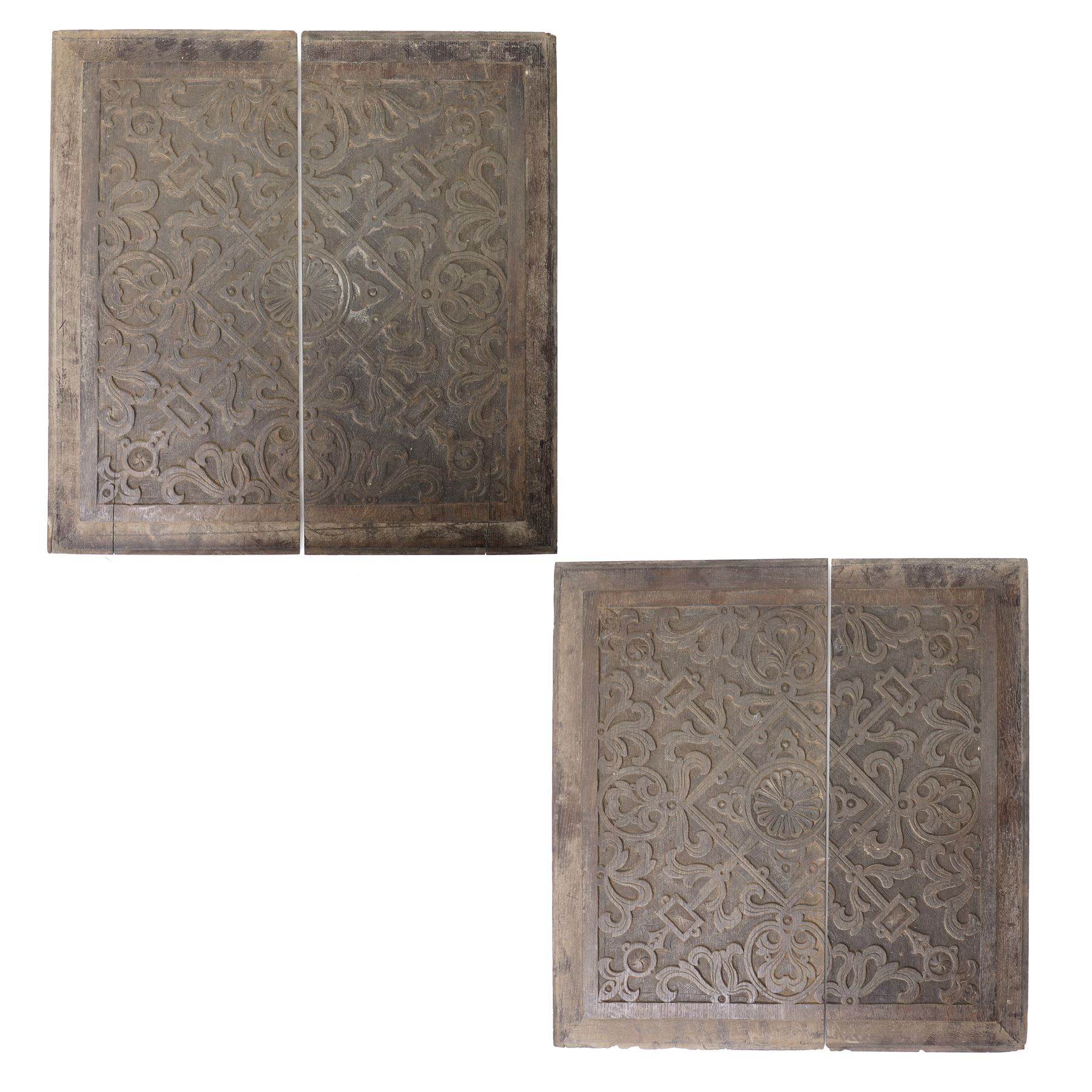Pair of 18th/19th century oak strapwork panels, in four pieces, as whole pieces 60cm x 58cm 