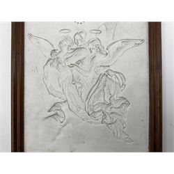 KPM Berlin lithophane panel, of two angels supporting a female figure to the centre, encased in a rosewood frame and handle, H42cm