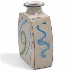 Philip Leach (British 1947-) for Springfield Pottery slab vase, of squat form, the white ground decorated with geometric pink, blue and green sprays, impressed mark to base H14cm 
