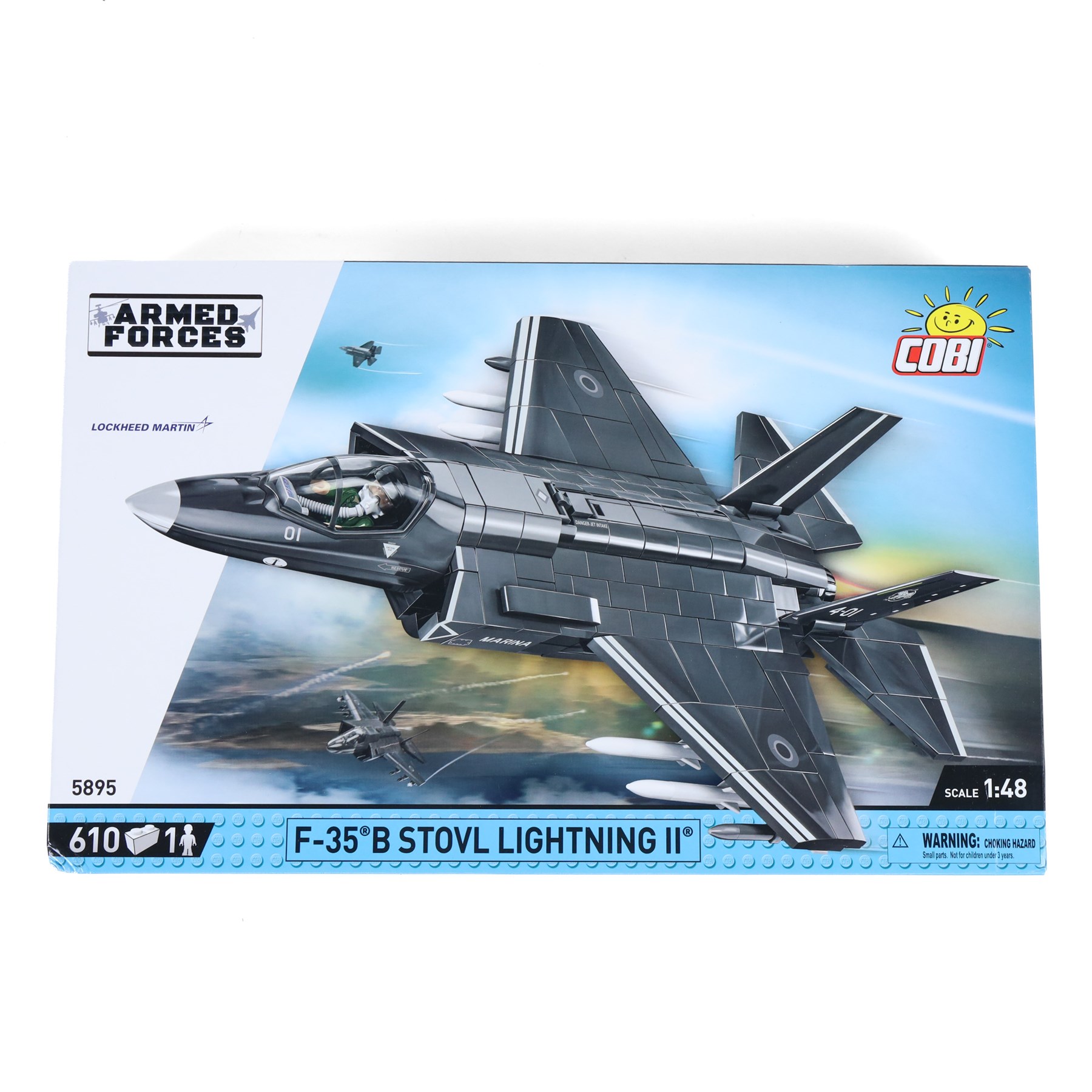 Four Cobi Bricks 1:48 scale Armed Forces model aircraft sets, comprising no. 5835 Bell Boeing V22 Osprey, no. 5909 SU-57 Felon, no. 5899 F-4S Phantom II and no. 5895 F-35 B Stovl Lightning II, all in sealed boxes
