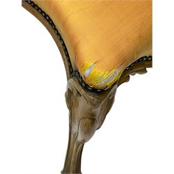 Pair of Victorian walnut side chairs, shaped cresting rail carved with acanthus leaves, overstuffed upholstered seats with stud band, on cabriole supports with scroll carved terminals