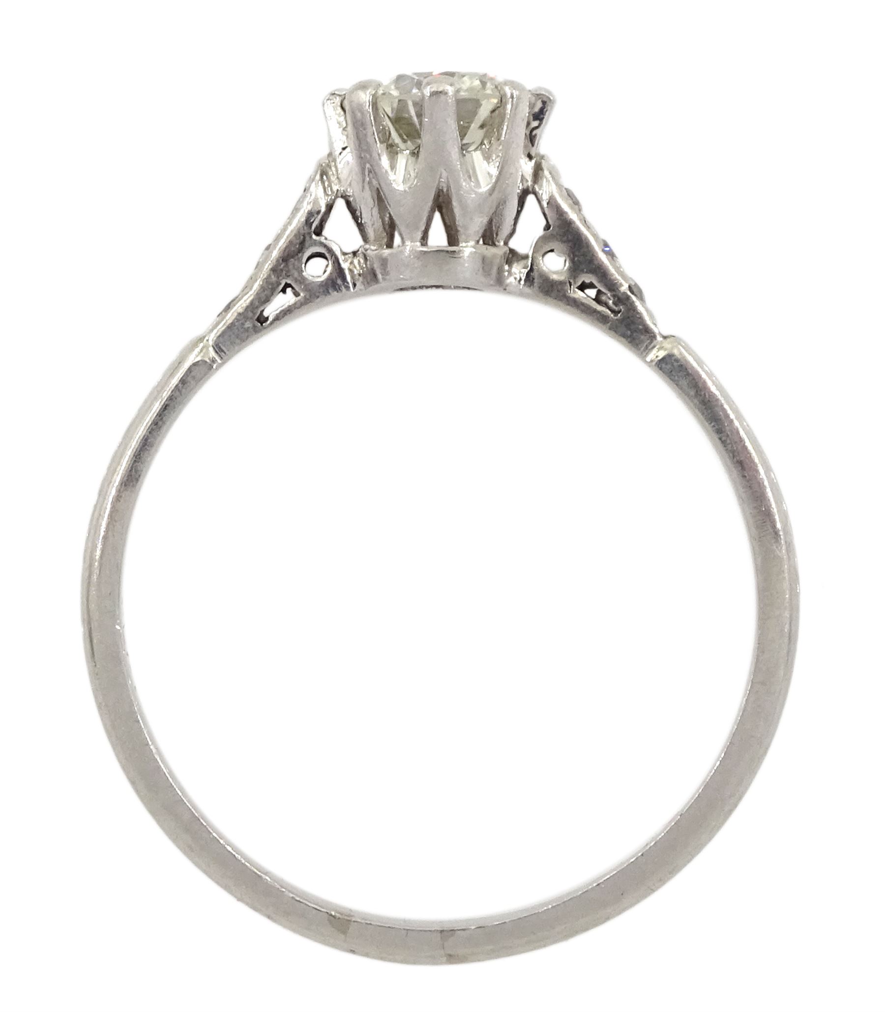 Platinum single stone round brilliant cut diamond ring, with diamond set shoulders, stamped Plat, diamond approx 0.55 carat