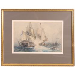 English School (Early 20th century): British Man o War in Battle, watercolour unsigned 23cm x 37cm 