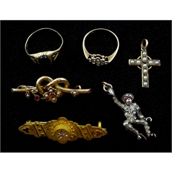 Two gold stone set brooches, two stone set rings, split pearl cross pendant, all 9ct stamped or hallmarked and stone set monkey charm