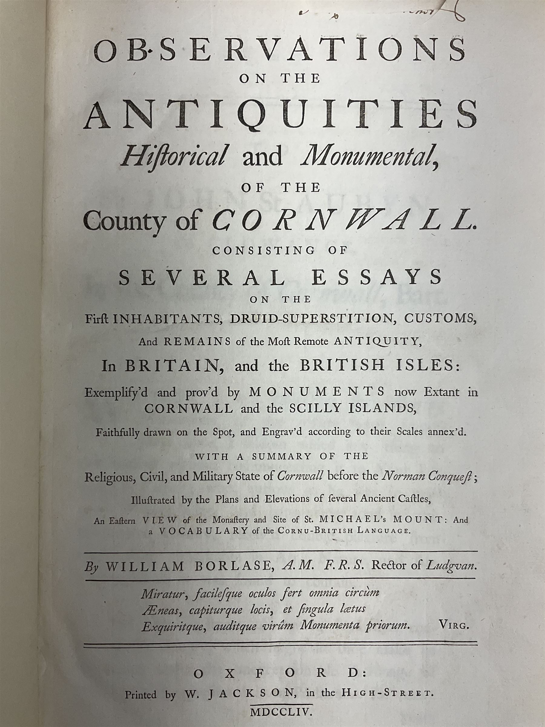 William Borlase; Observations on the Antiquities Historical and Monumental of the County of Cornwall, 1754, printed by W. Jackson, High Street, Oxford, leather bound iwth gilt detailing and lettering to spine