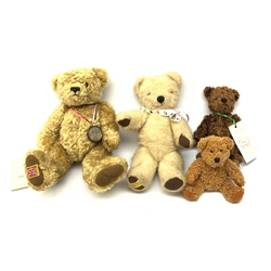 Merrythought - limited edition 'The Churchill Bear' No.85/4950 with certificate, growler mechanism and Churchill crown pendant  H37cm and plush covered teddy bear; together with Asquith limited edition teddy bear No.7/100 signed by Karen Stocker H26cm and small Keel Toys teddy bear (4)