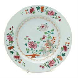 Pair of 18th century Chinese famille rose plates, painted profusely with flowers, D23cm; together with a Yixing teapot, painted with butterflies, H12cm (3)
