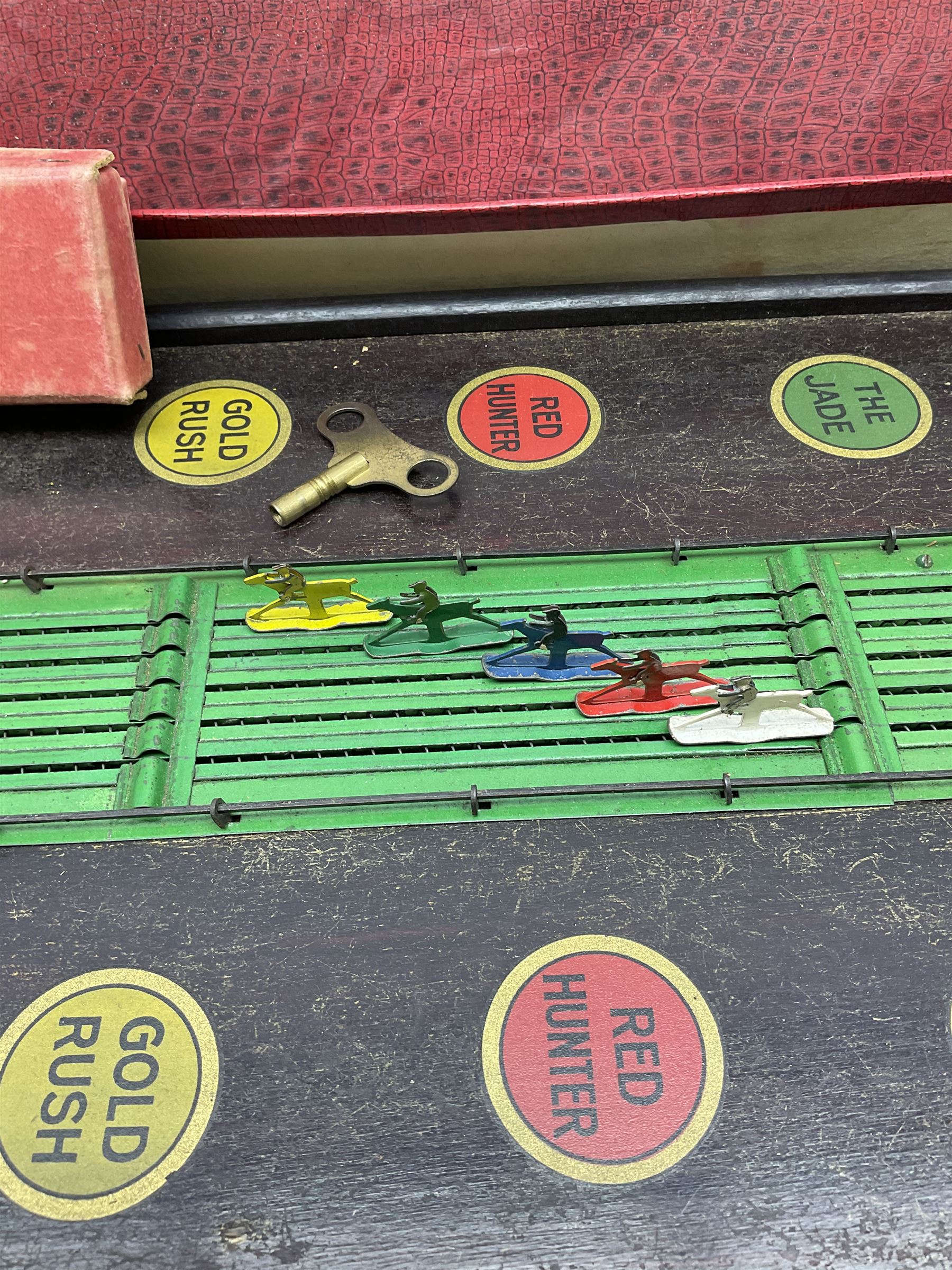 'Auto Gee' painted metal and stained wood horse racing game by Wells, London,  with some markers and horse, length 87cm