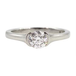 Platinum single stone round brilliant cut diamond, half bezel set ring, hallmarked, diamond 0.51 carat, colour H, VS2 clarity, with GIA report