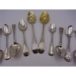 Georgian and later flatware, including two serving spoons, with later struck berry bowls, King's pattern teaspoons, mustard spoons, etc, all hallmarked 