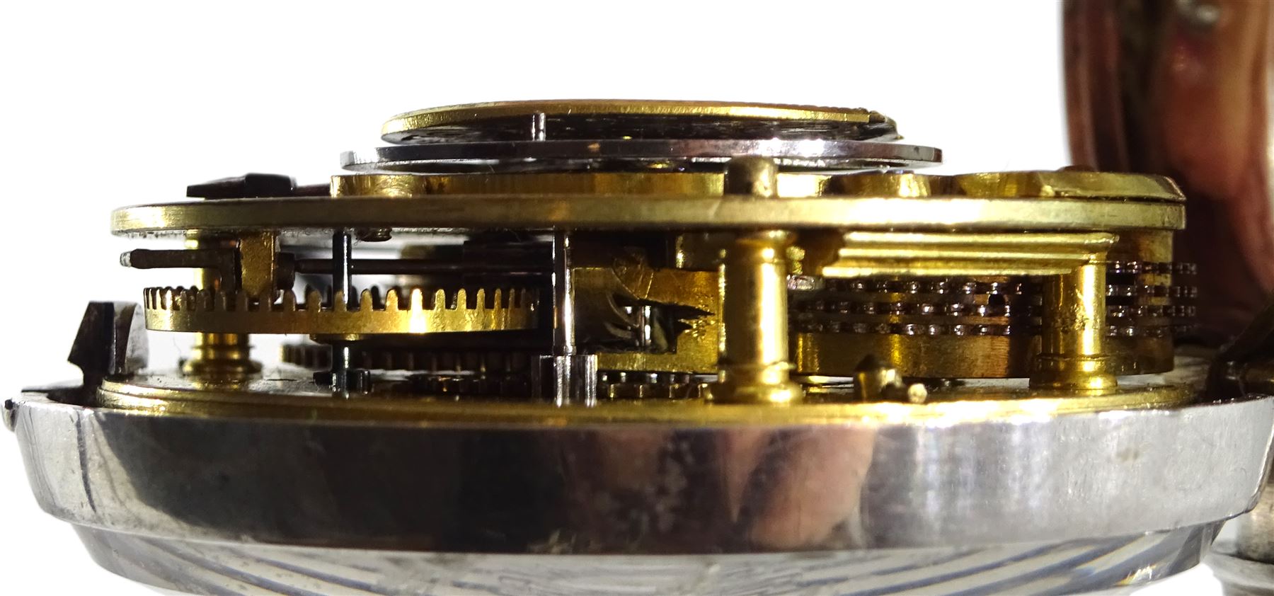 Victorian silver pair cased pocket watch by William Smith, Huddersfield, No. 533, round pillars, pierced and engraved balance cock decorated with a mask, cream enamel dial with Roman numerals, case by Vale & Rotherham, Birmingham 1835