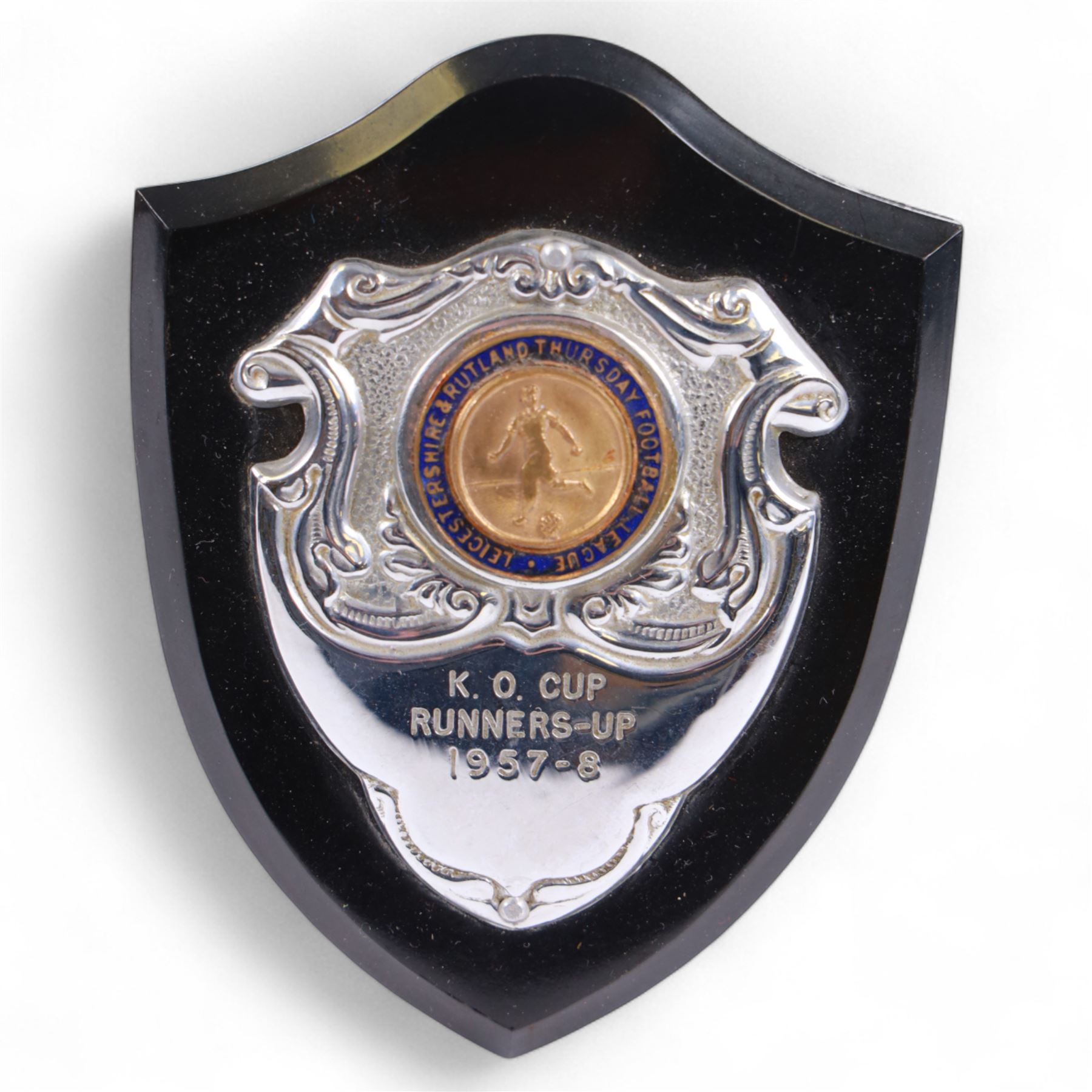 Six 1950s Leicester & Rutland Football League and Challenge Cup  silver plated trophy cups and plaques, from the estate of former Leicester City player Colin Appleton, largest H18cm