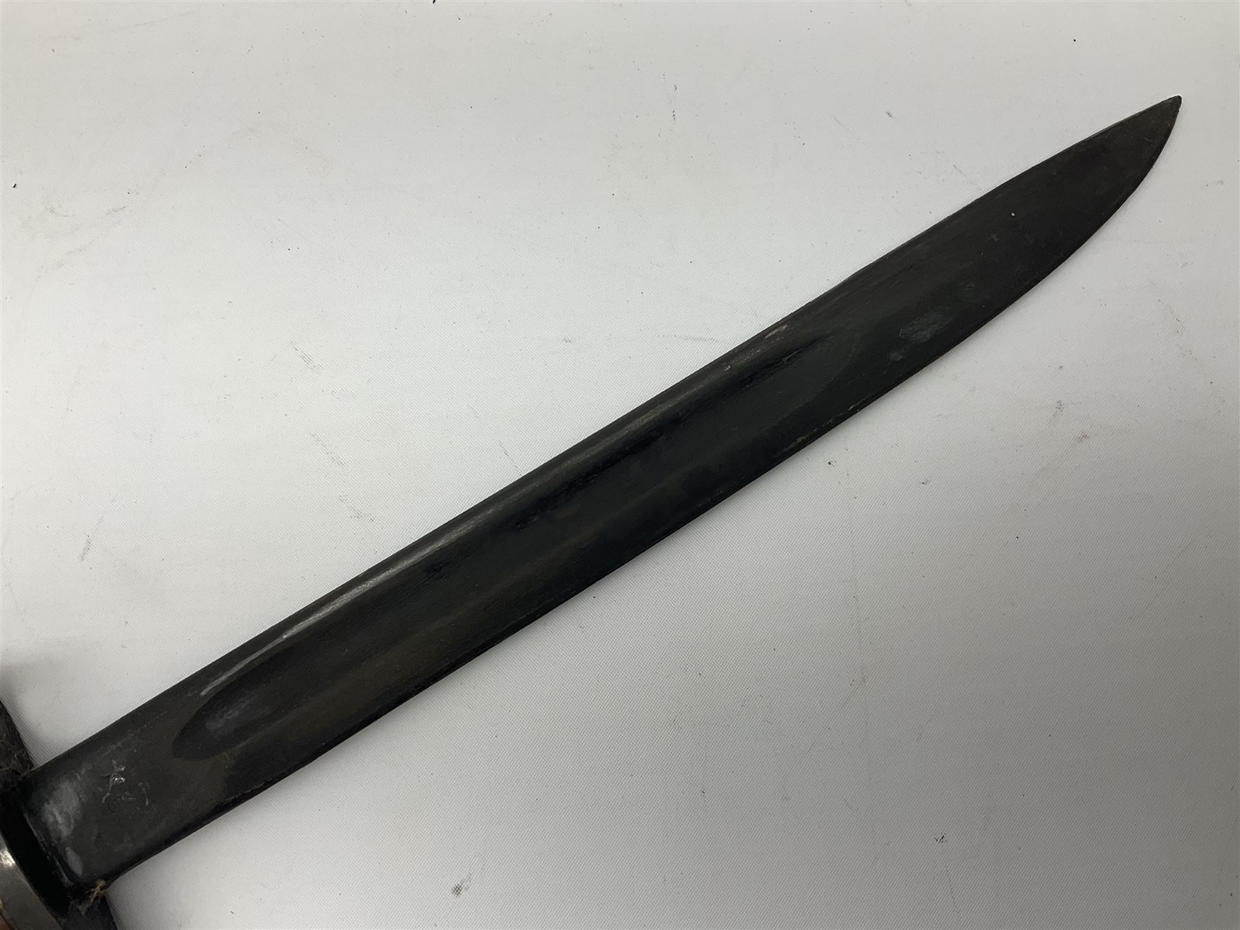 Australian Owen sub-machine gun bayonet, the 25.5cm fullered steel blade marked '53'; in metal bound wooden scabbard marled MA53 L41cm overall