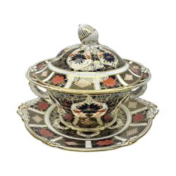 Royal Crown Derby 1128 Imari twin handled sauce tureen and stand, with printed mark beneath, H16cm, D18cm