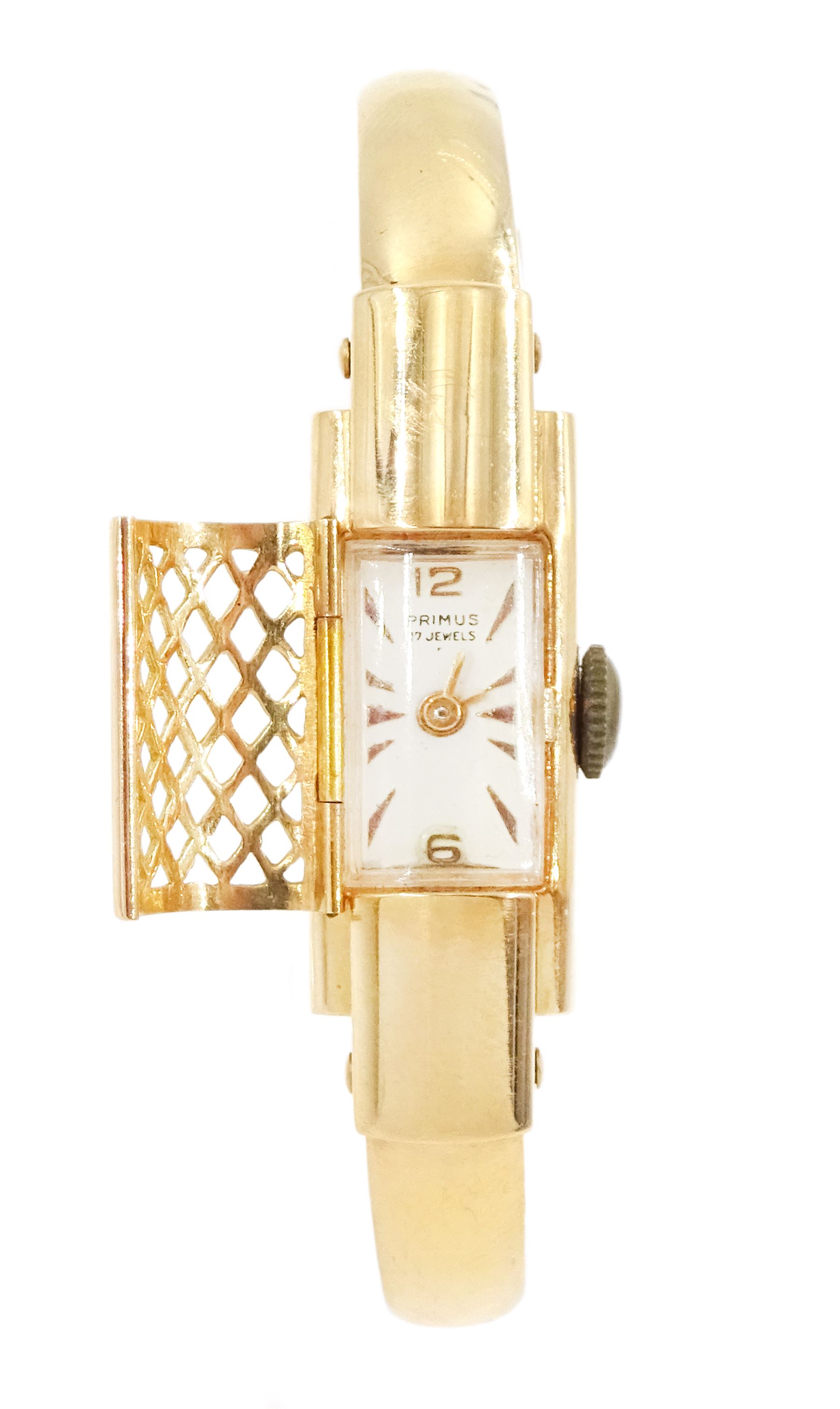 Primus ladies 18ct rose gold manual wind hidden wristwatch, on integral 18ct rose gold hinged torque bangle